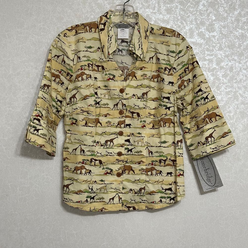 Stonebridge NWT VTG African Savanna Print Button Up Short Sleeve Shirt Petite PM